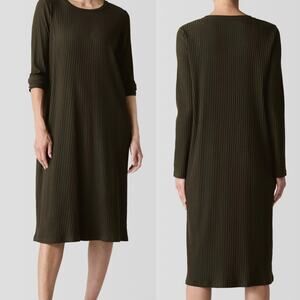 Eileen Fisher Textured Stretch Rib Crew Neck Dress Midi Brown Wren Long Sleeve